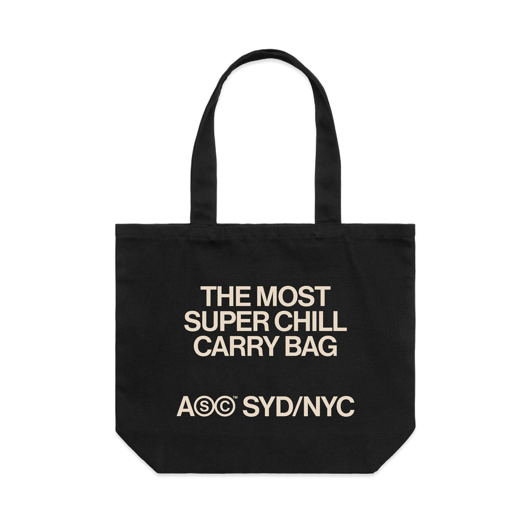 Black Afternoon Social Club tote back that says the most super chill carry bag. logo that says ASC Syd/NYC