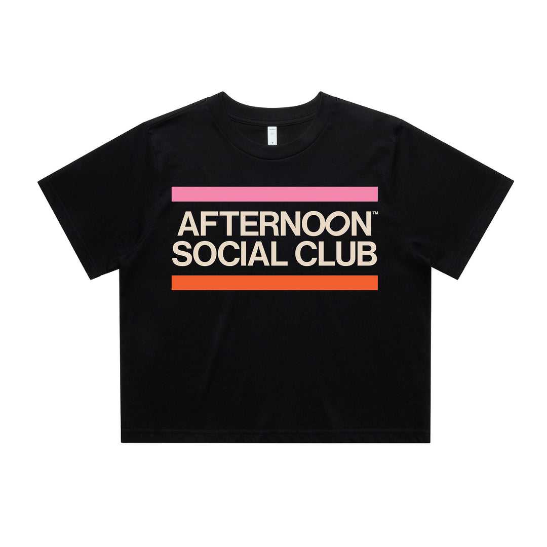 Black crop top Afternoon Social Club featuring brand name and colours 