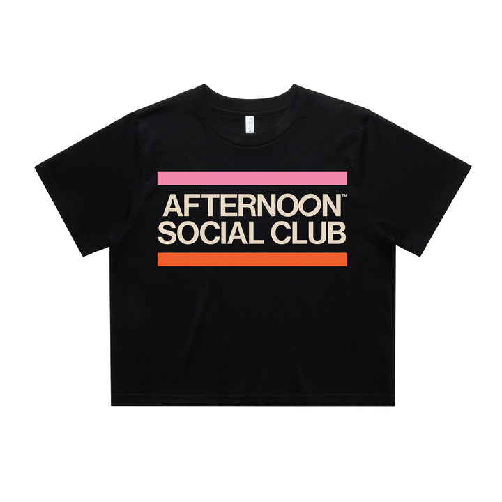 Black crop top Afternoon Social Club featuring brand name and colours 