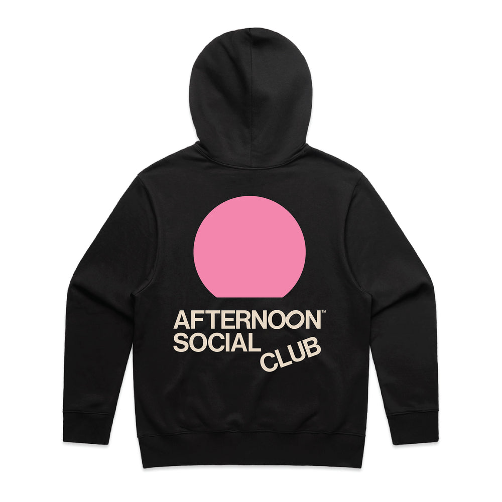 Black heavy hoodie with pink sunset circle and Afternoon Social Club lettering on back.