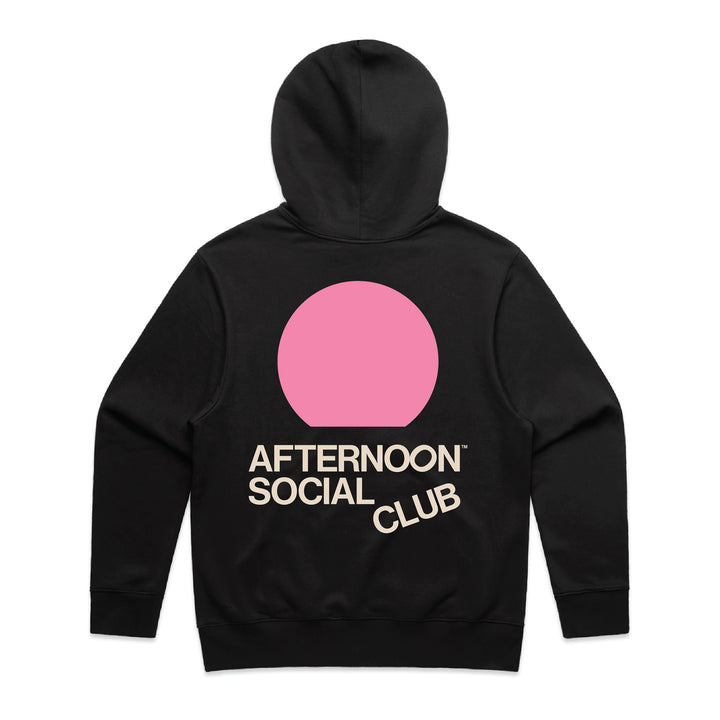 Black heavy hoodie with pink sunset circle and Afternoon Social Club lettering on back.