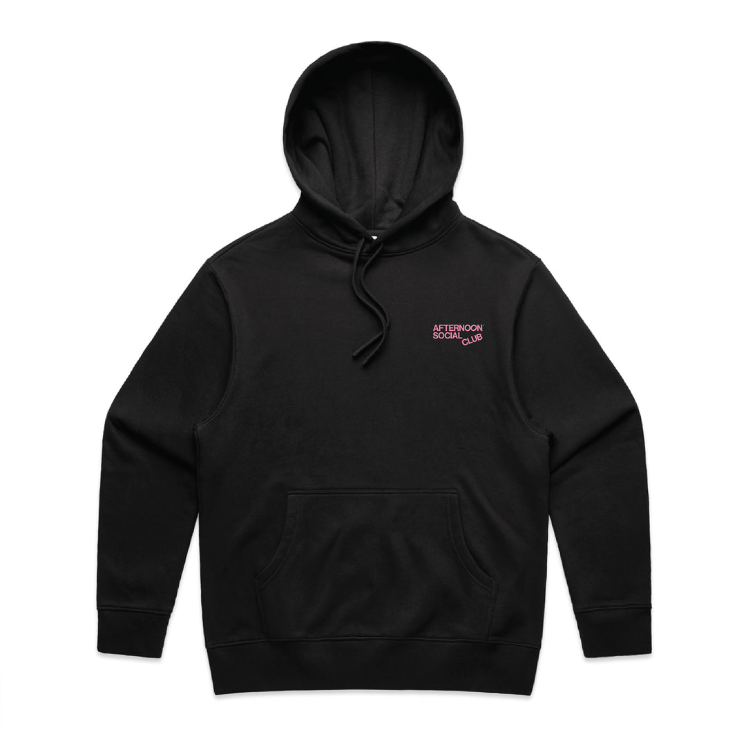 Black heavy hoodie from Afternoon Social Club featuring logo, oversized fit, and durable cotton fabric.