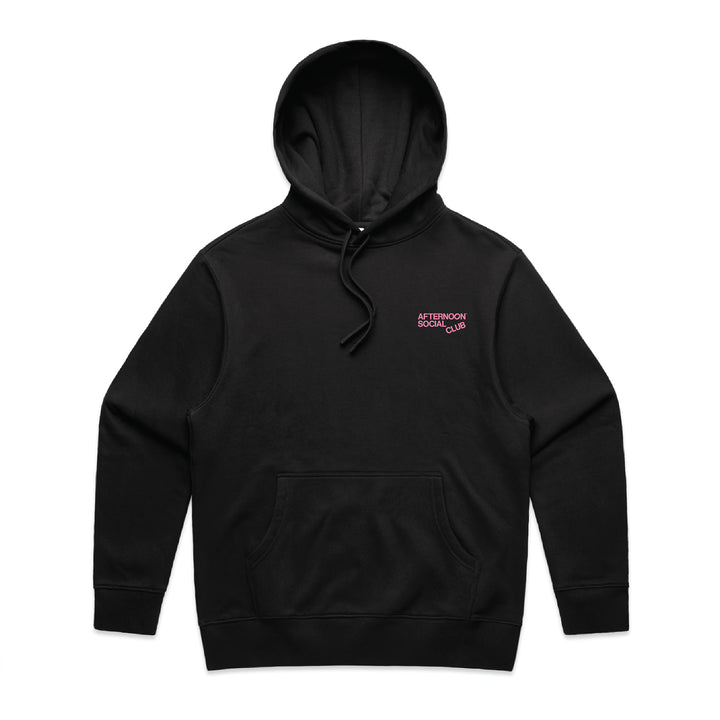 Black heavy hoodie from Afternoon Social Club featuring logo, oversized fit, and durable cotton fabric.