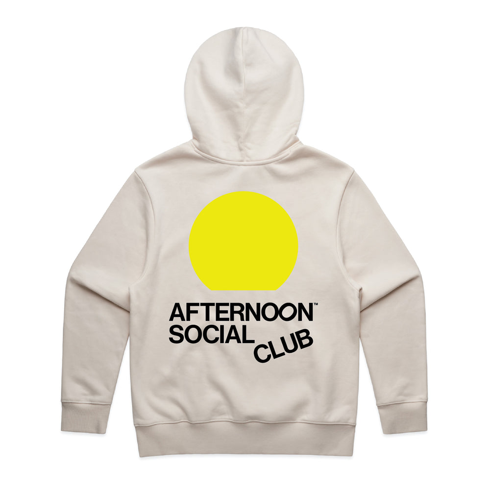 Ecru heavy hoodie with yellow sunset circle and Afternoon Social Club lettering on back.