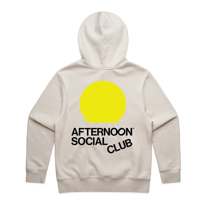 Ecru heavy hoodie with yellow sunset circle and Afternoon Social Club lettering on back.