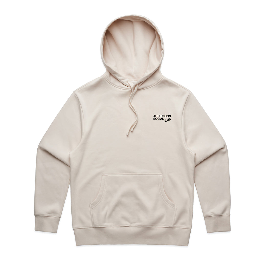 Ecru heavy hoodie from Afternoon Social Club featuring logo, oversized fit, and durable cotton fabric.