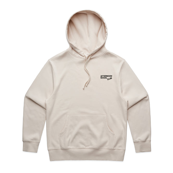 Ecru heavy hoodie from Afternoon Social Club featuring logo, oversized fit, and durable cotton fabric.