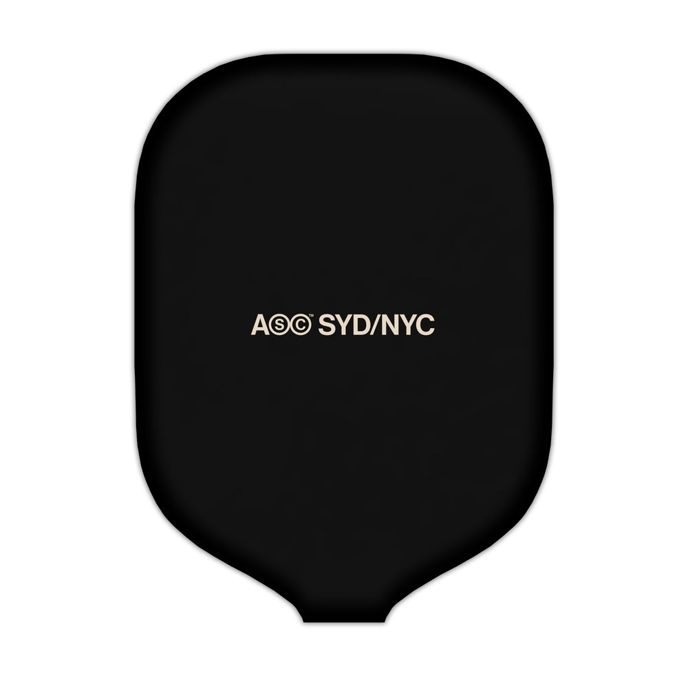 Custom Neoprene pickleball paddle cover in black with ASC NYC logo, designed to fit all paddles and provide gear protection.