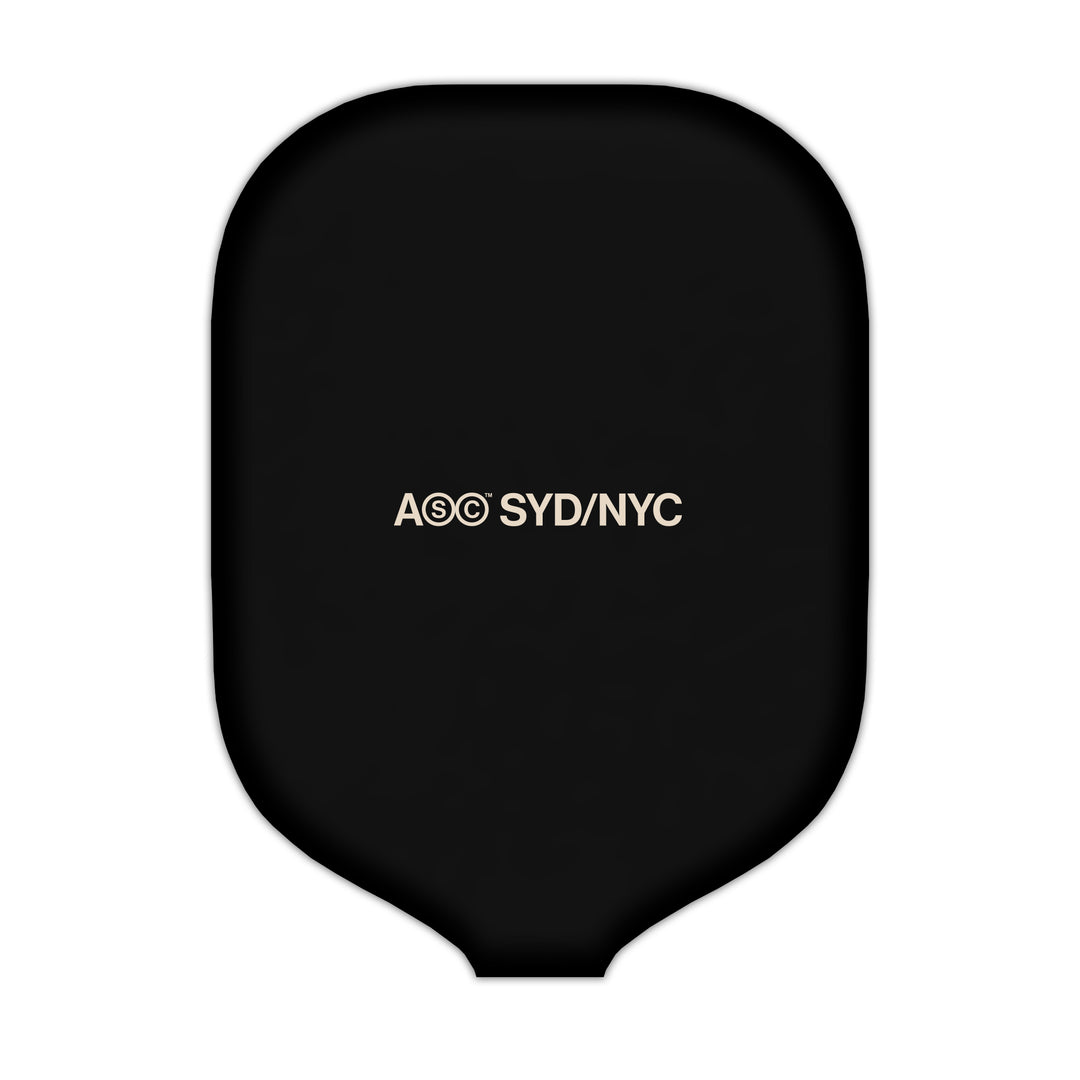 Custom Neoprene pickleball paddle cover in black with ASC NYC logo, designed to fit all paddles and provide gear protection.