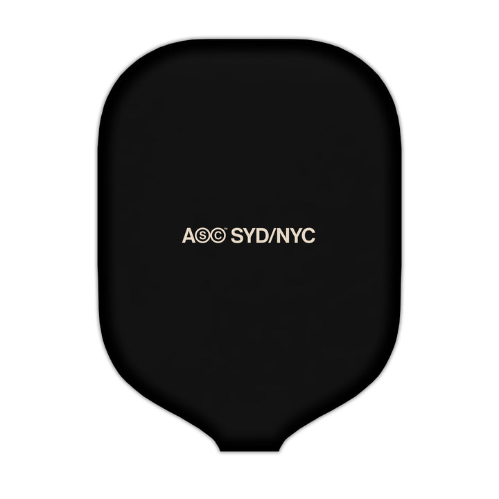 Custom Neoprene pickleball paddle cover in black with ASC NYC logo, designed to fit all paddles and provide gear protection.