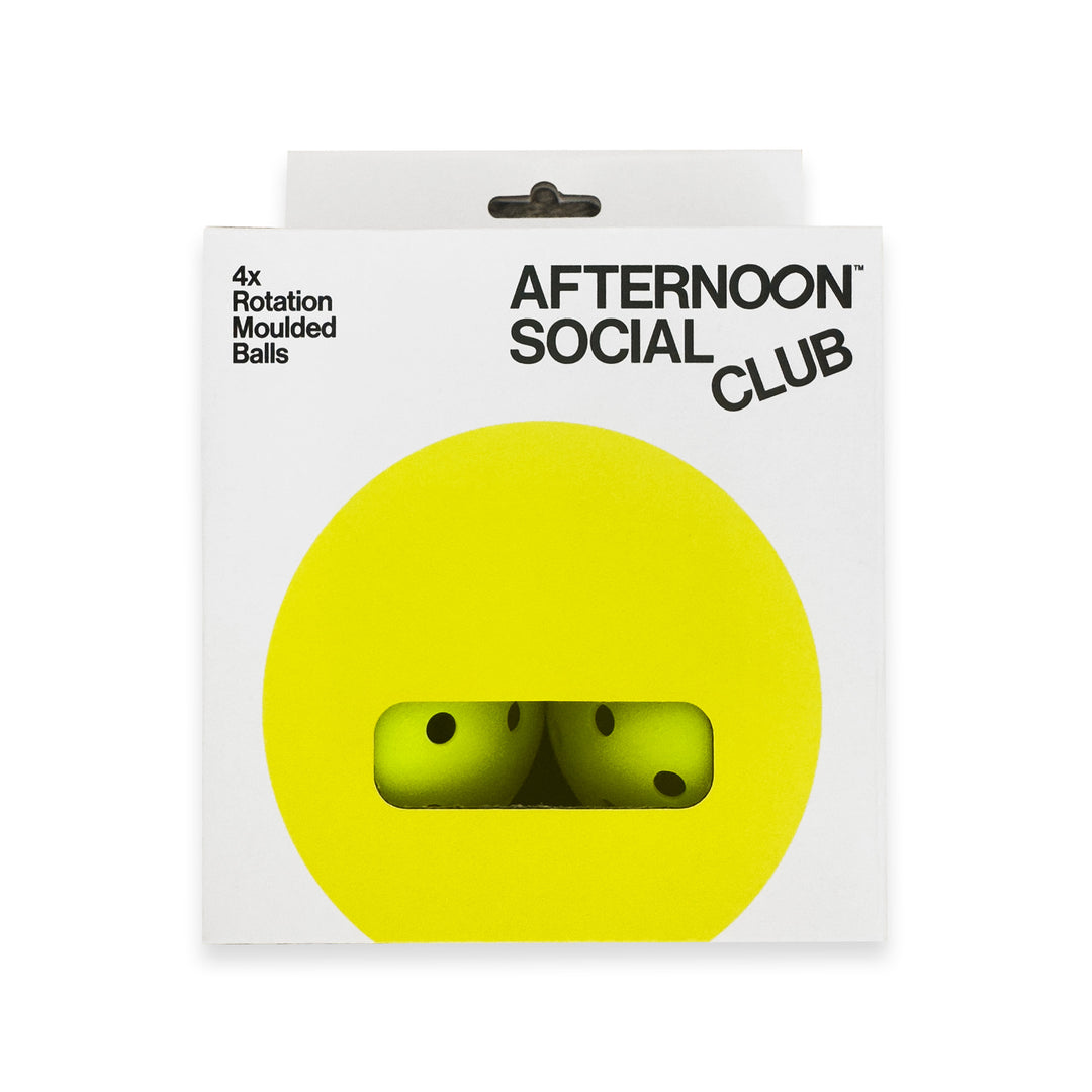 A box of 4 afternoon social club pickleball rotation balls in a box with logo and yellow sun