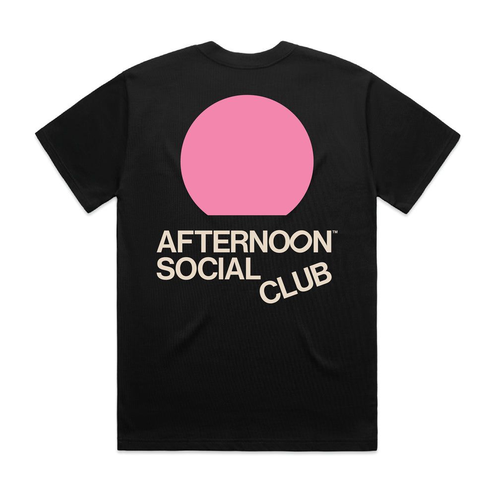 Black Heavy Tee with pink sunset circle and Afternoon Social Club lettering on back.