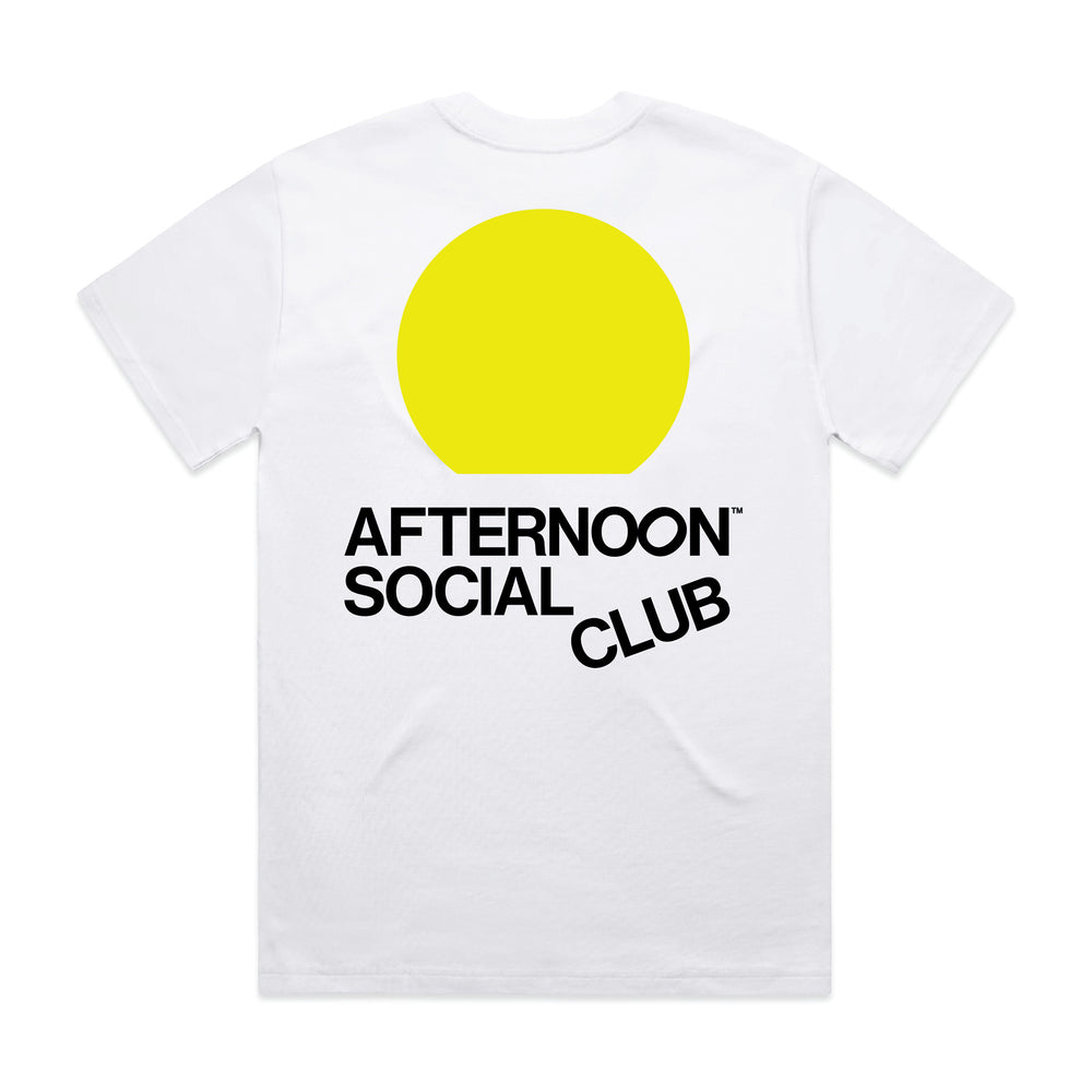 White Heavy Tee with yellow sunset circle and Afternoon Social Club lettering on back.