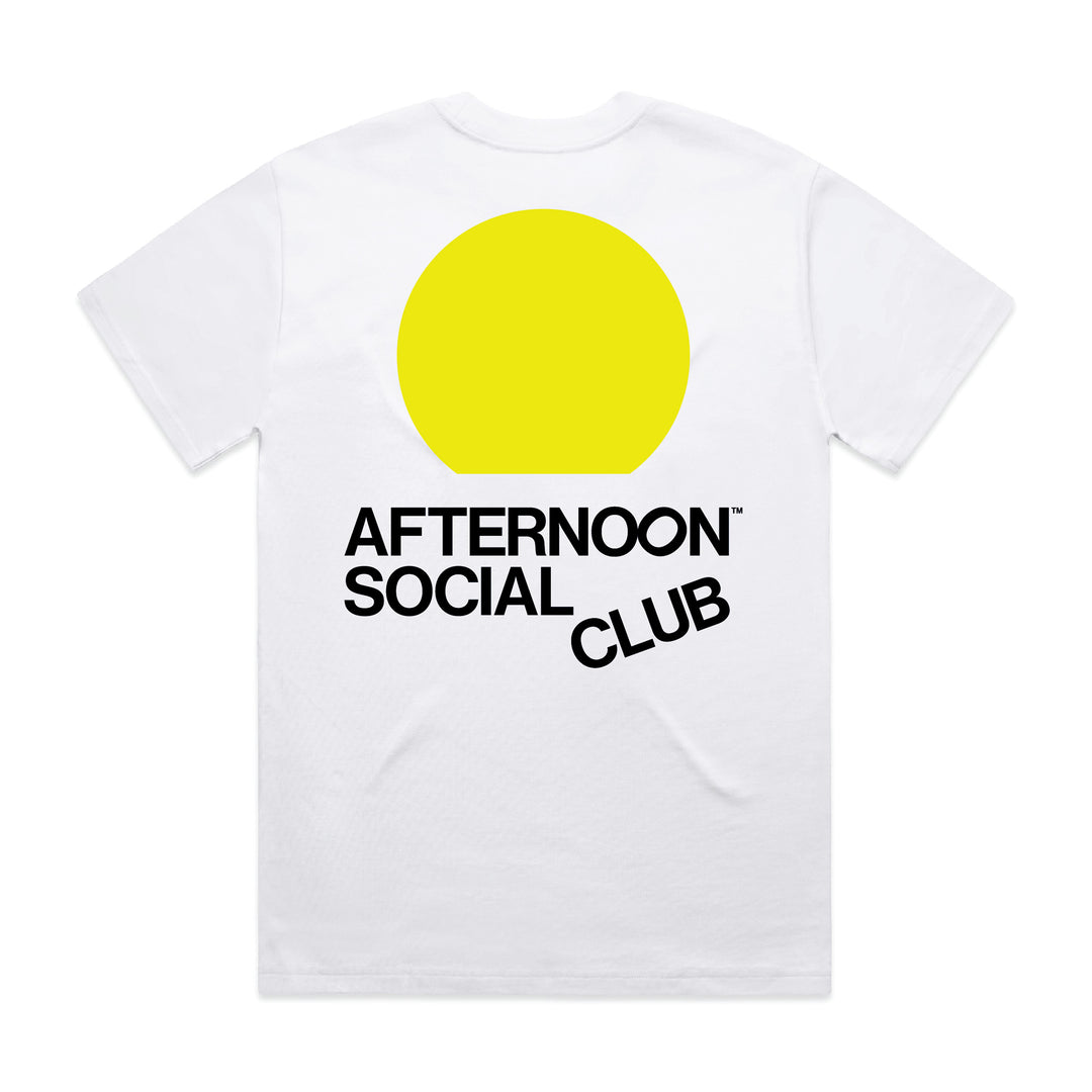White Heavy Tee with yellow sunset circle and Afternoon Social Club lettering on back.