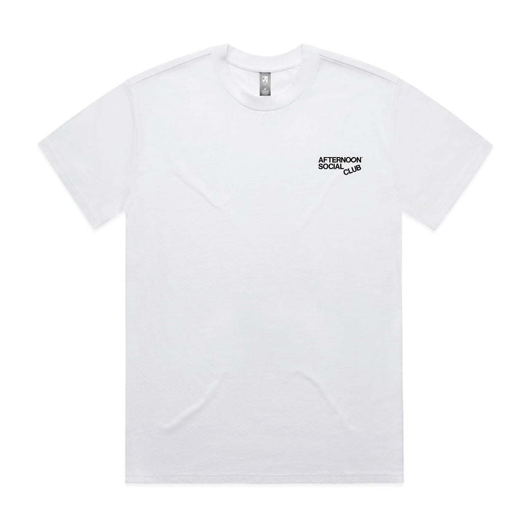 White Heavy Tee from Afternoon Social Club featuring logo, and durable 100% cotton fabric.