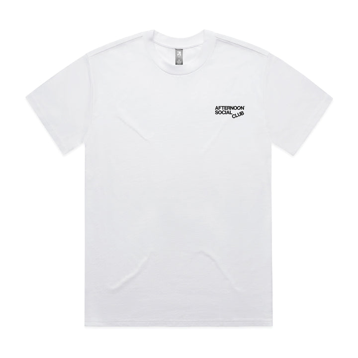 White Heavy Tee from Afternoon Social Club featuring logo, and durable 100% cotton fabric.