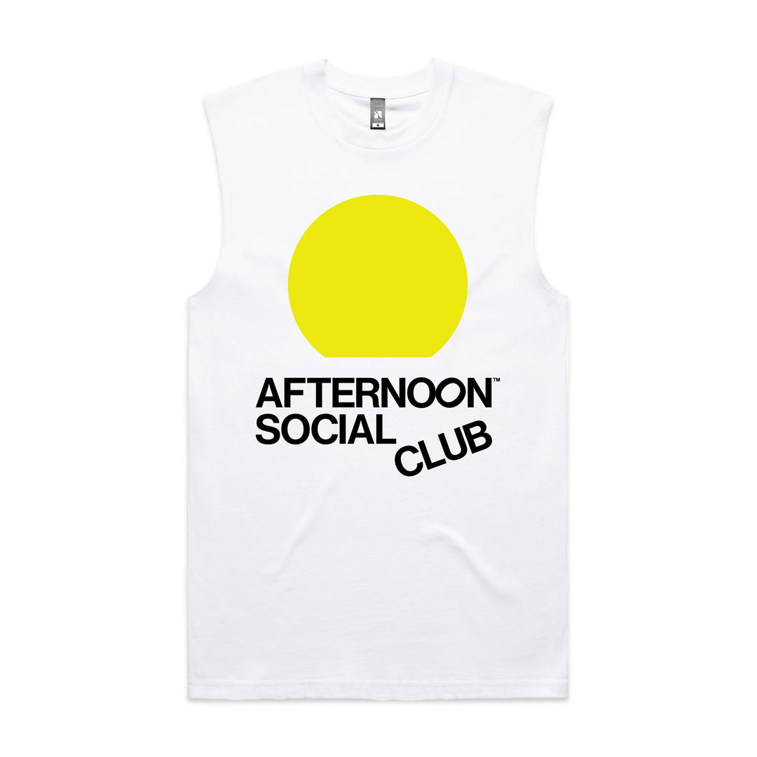 White tank top with yellow sunset circle and Afternoon Social Club lettering on front.