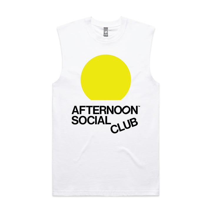 White tank top with yellow sunset circle and Afternoon Social Club lettering on front.